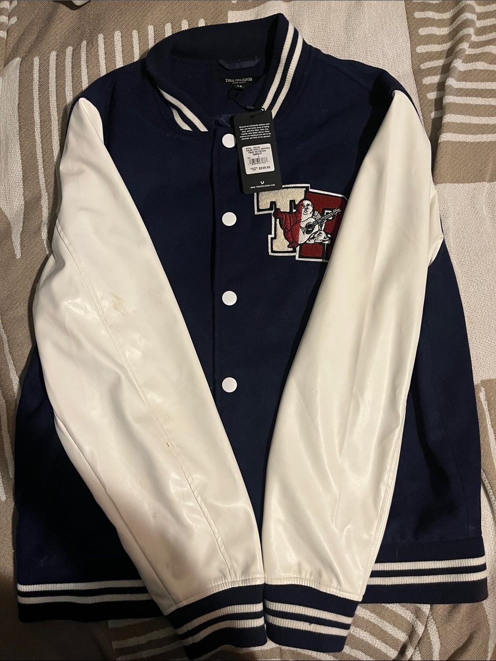 True Religion Navy and White Varsity Bomber with Crest Patch